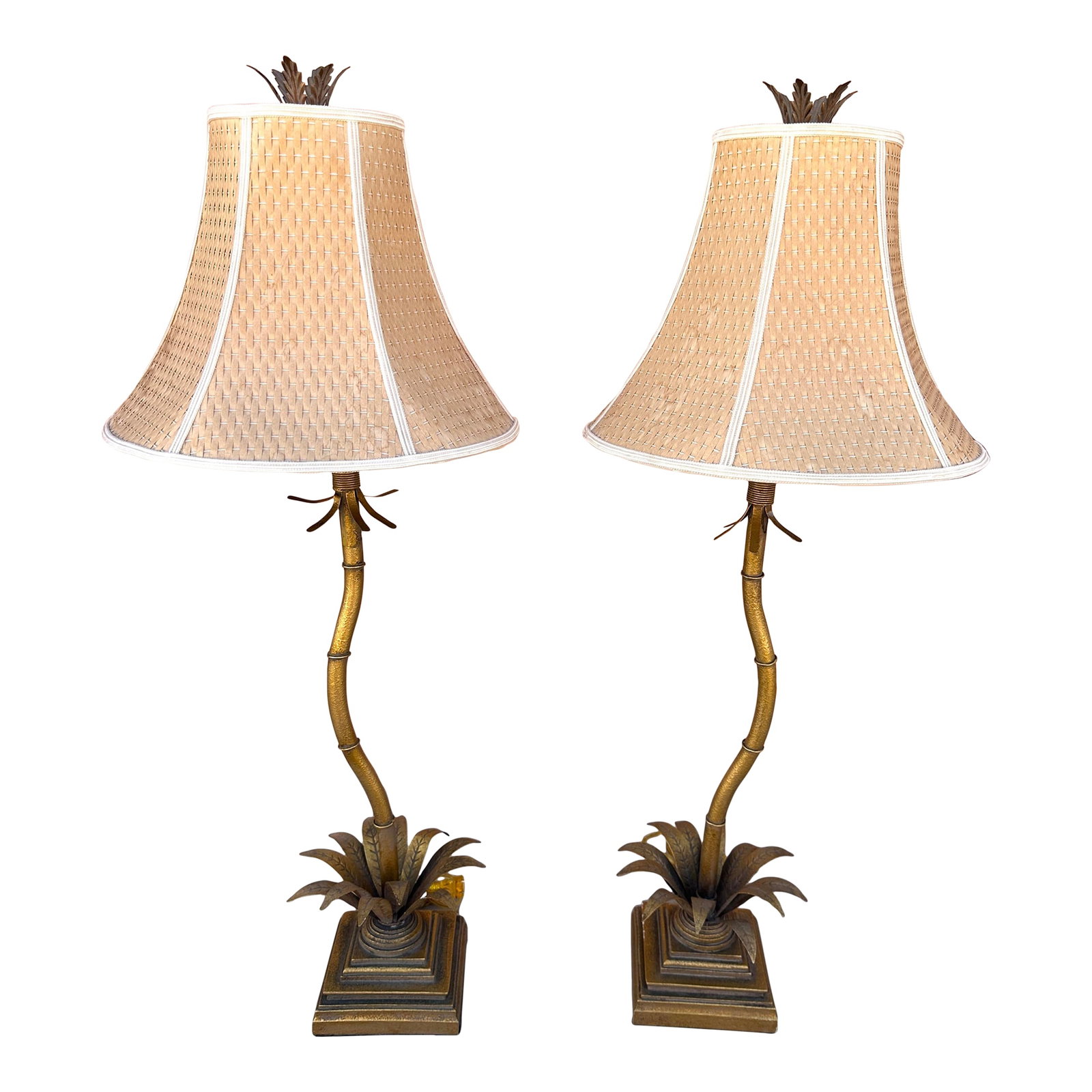Hollywood Regency Gold Palm Tree Table Lamps - A Pair: Vintage Gold Palm Tree Table Lamp w/bamboo weave Shade. Metal Toile leafs with a curved shape tree trunk. I have sold this lamp in the past and it had a black shade which look amazing. Since these sha
