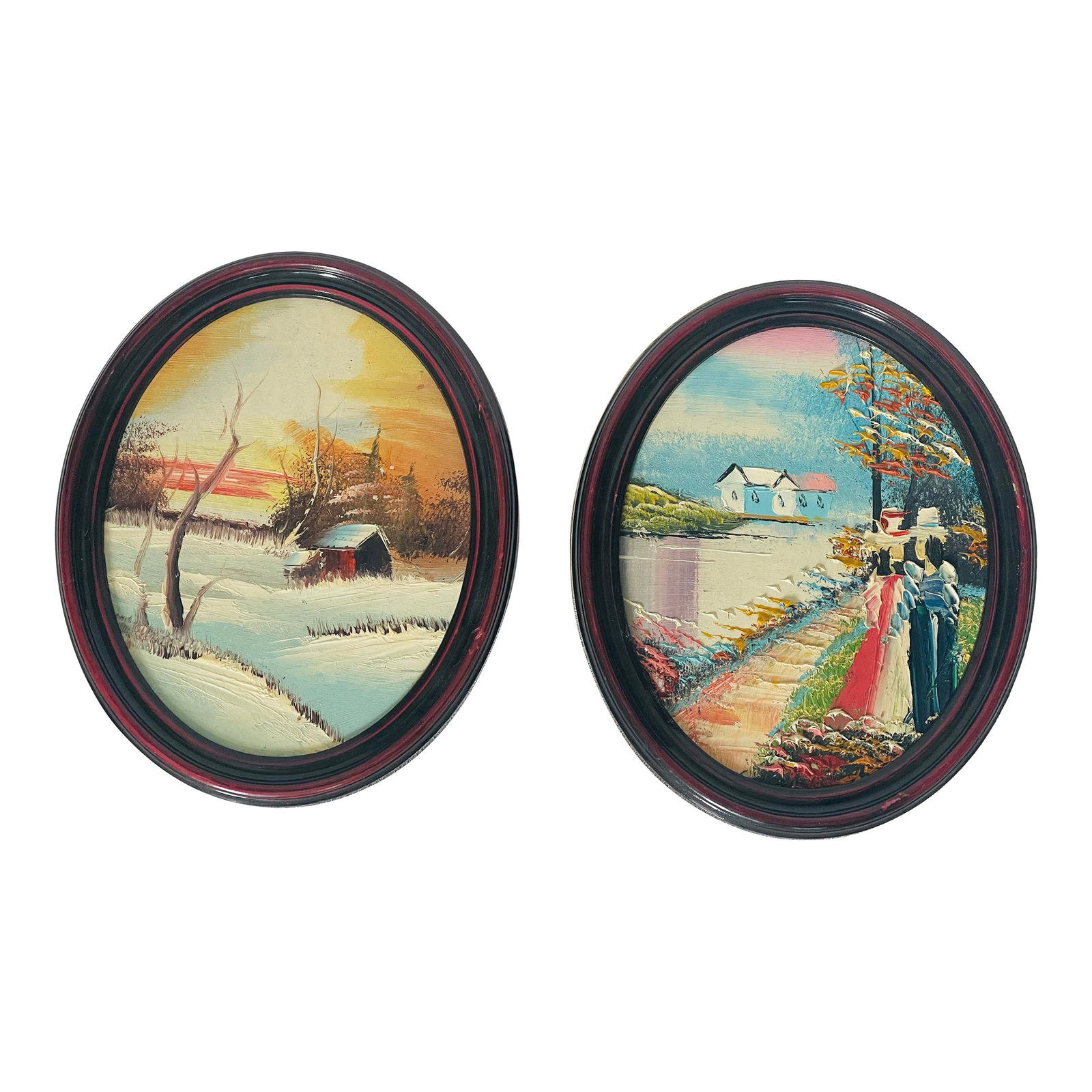Pair Vintage Romantic Art Paintings in Oval Frames: Lovely pair of original oil paintings in oval wood frames. Condition: Alterations: Original Condition Unaltered Imperfections: Some Imperfections Condition Notes: Good Origin: France Materials &