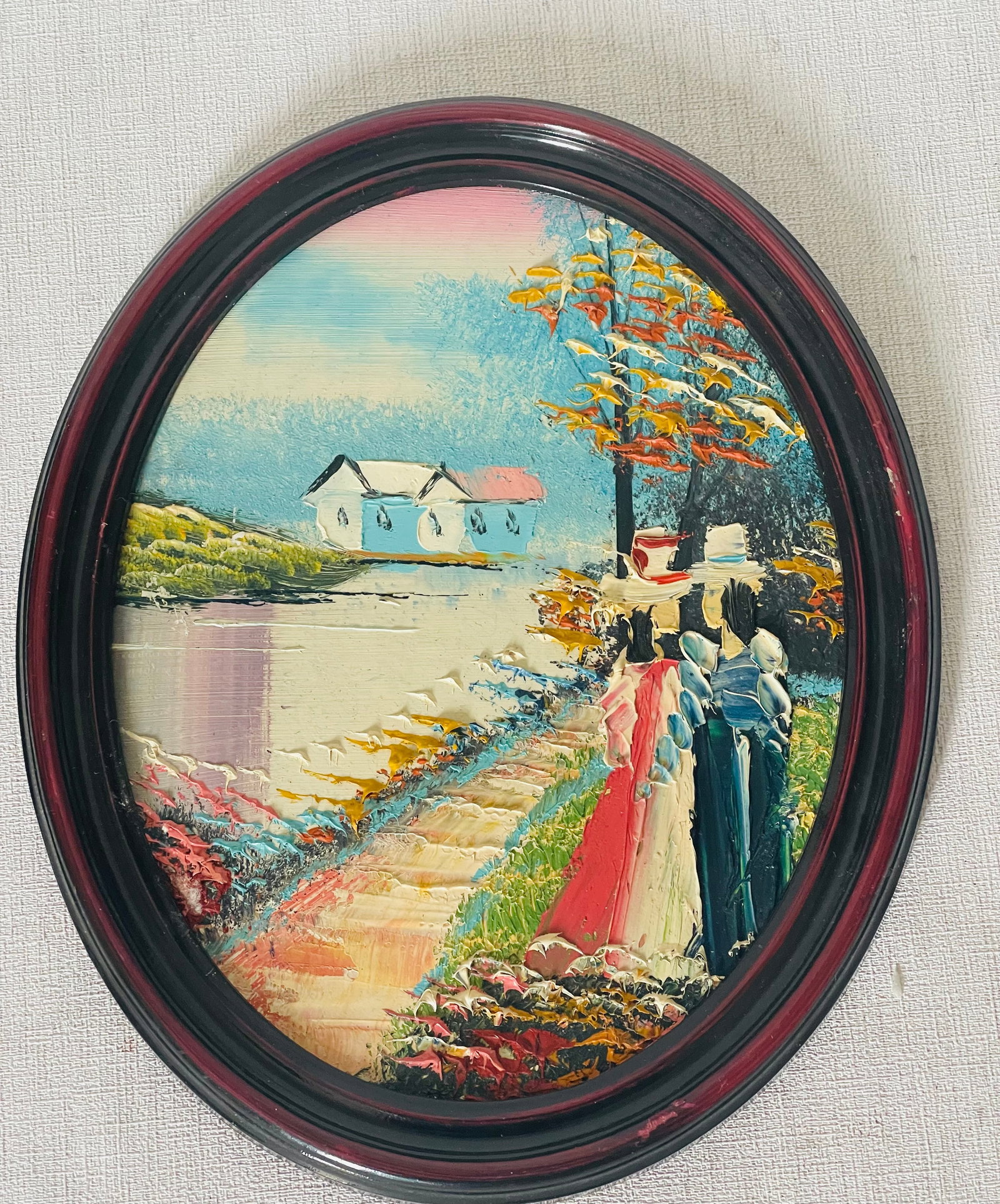 Pair Vintage Romantic Art Paintings in Oval Frames - 3
