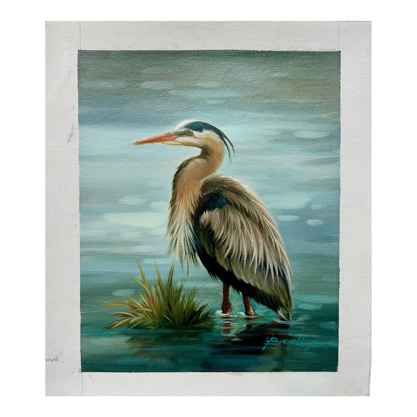 Blue Heron Coastal Original Oil on Canvas, Unstretched by Brunehylis: Original oil on unstretched canvas, measuring 8" x 10". Signed by artist Brunehylis, circa 2024. Please note: If you purchase multiple items, we'll gladly combine shipping-just send us a message. Also