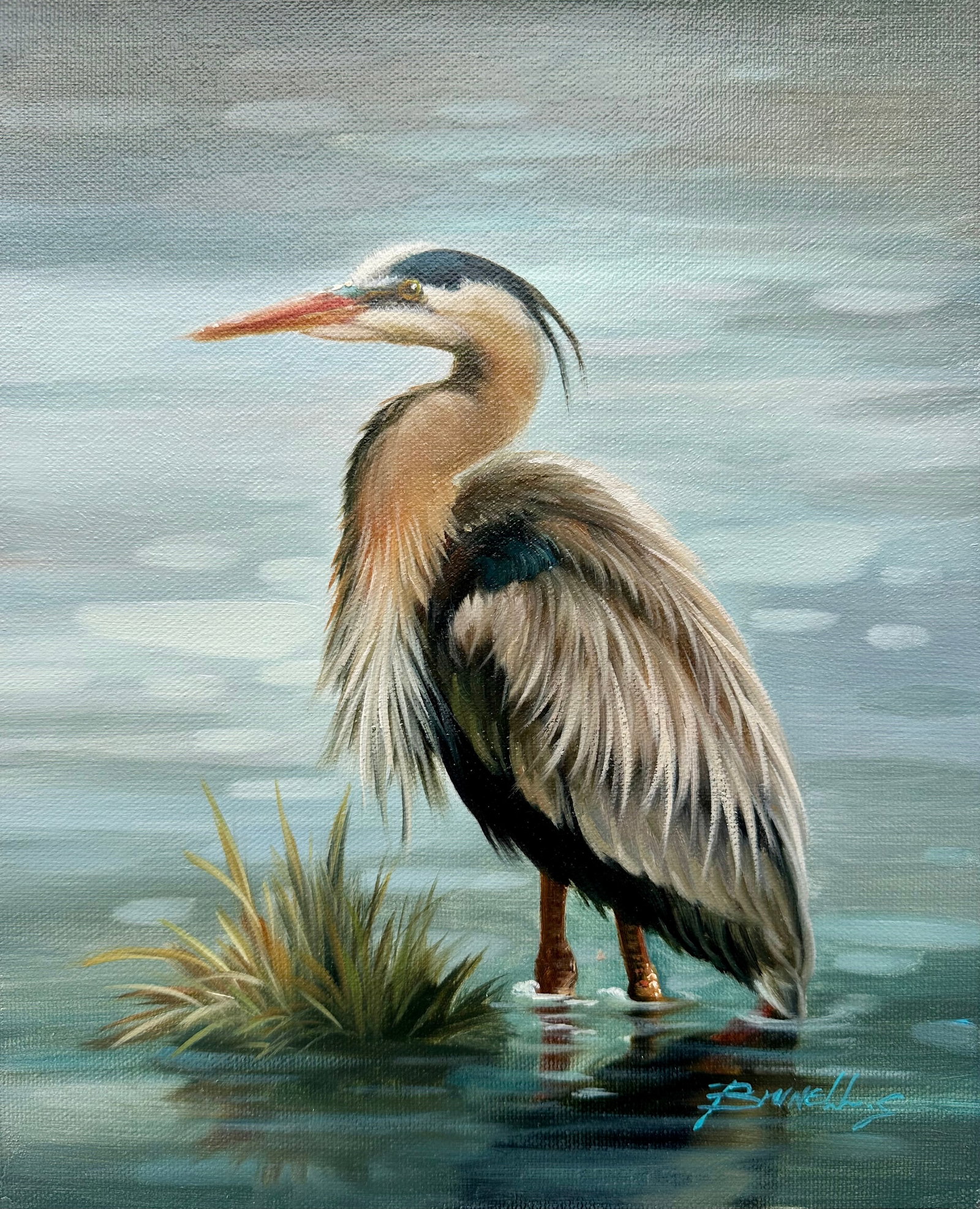 Blue Heron Coastal Original Oil on Canvas, Unstretched by Brunehylis - 2