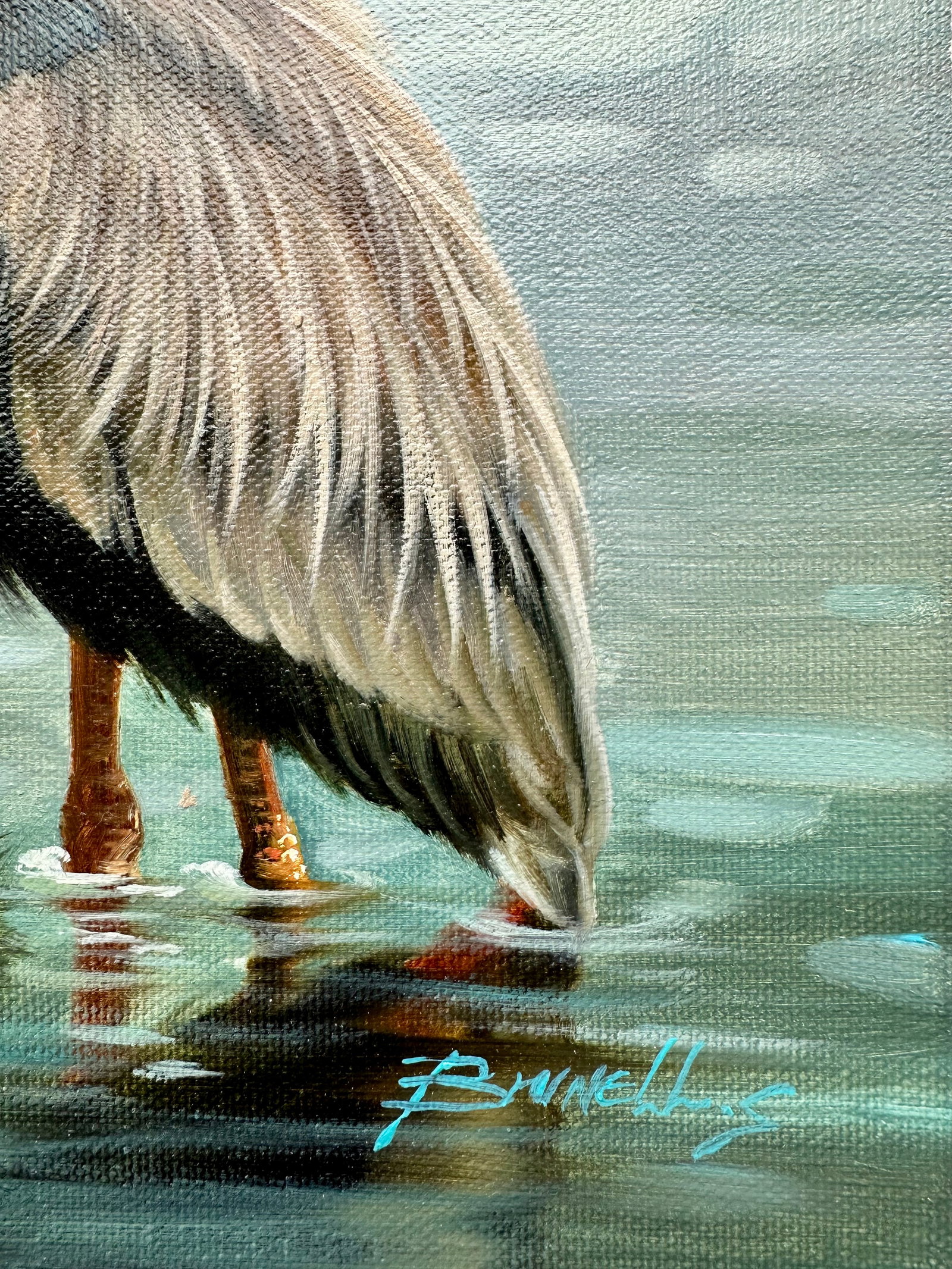 Blue Heron Coastal Original Oil on Canvas, Unstretched by Brunehylis - 3
