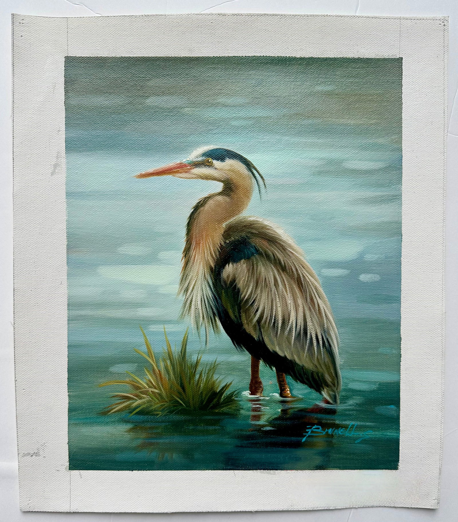 Blue Heron Coastal Original Oil on Canvas, Unstretched by Brunehylis - 4