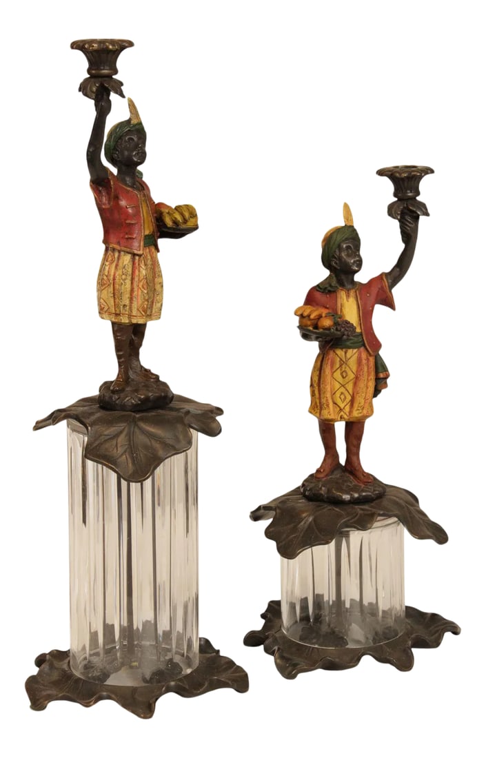 Painted Bronze Figural Candle Holders - A Pair: High Quality Set of 2 Painted Figural Bronze Candle Holders on Crystal Cylinders Condition: Alterations: Original Condition Unaltered Imperfections: Some Imperfections Condition Notes: Clean Vintage
