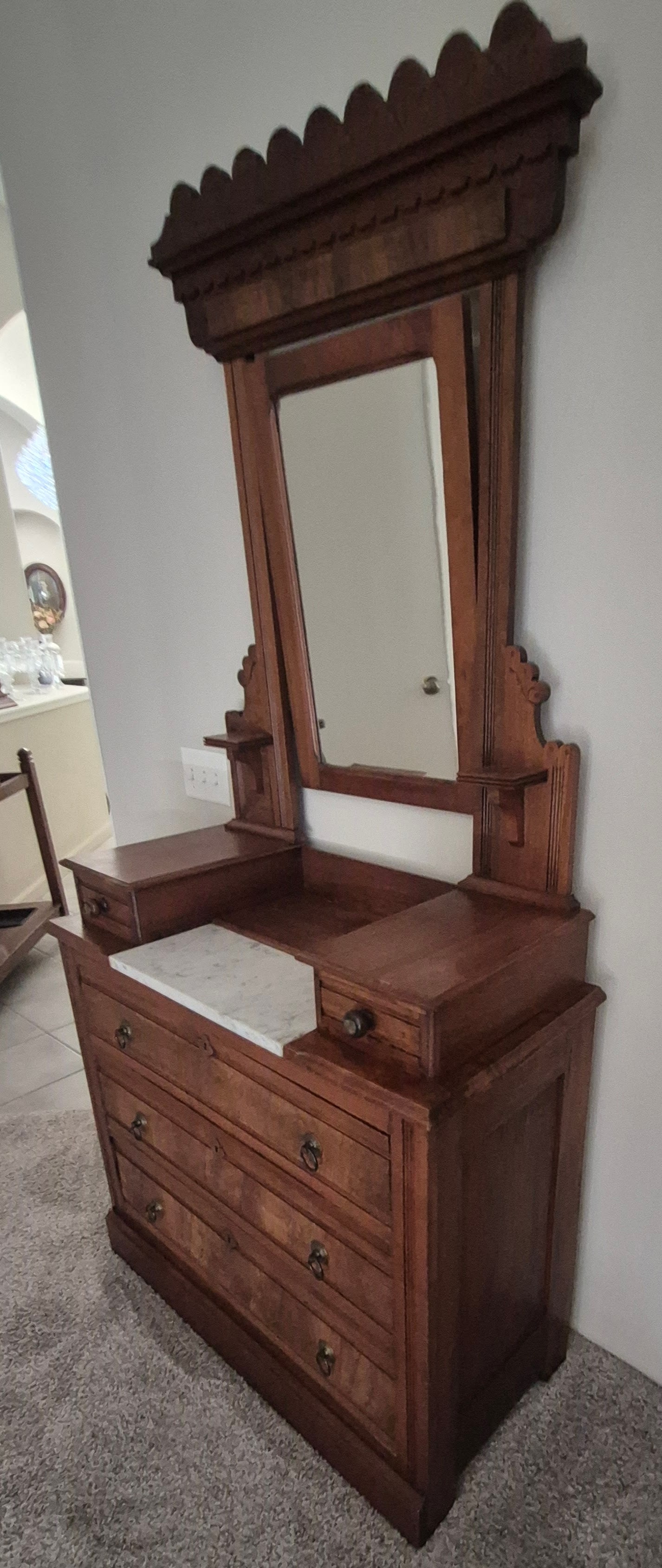 Antique Victorian Eastlake Marble Top Burled Dresser With Swivel Mirror - 2