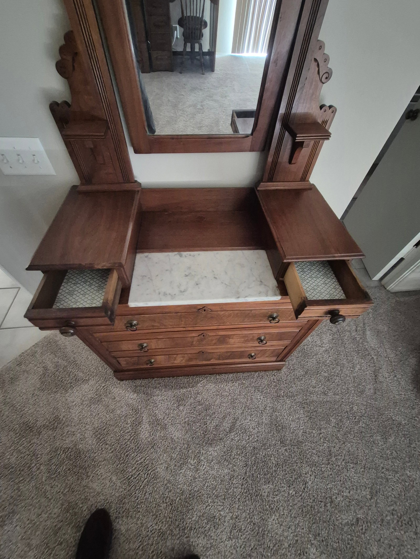 Antique Victorian Eastlake Marble Top Burled Dresser With Swivel Mirror - 4