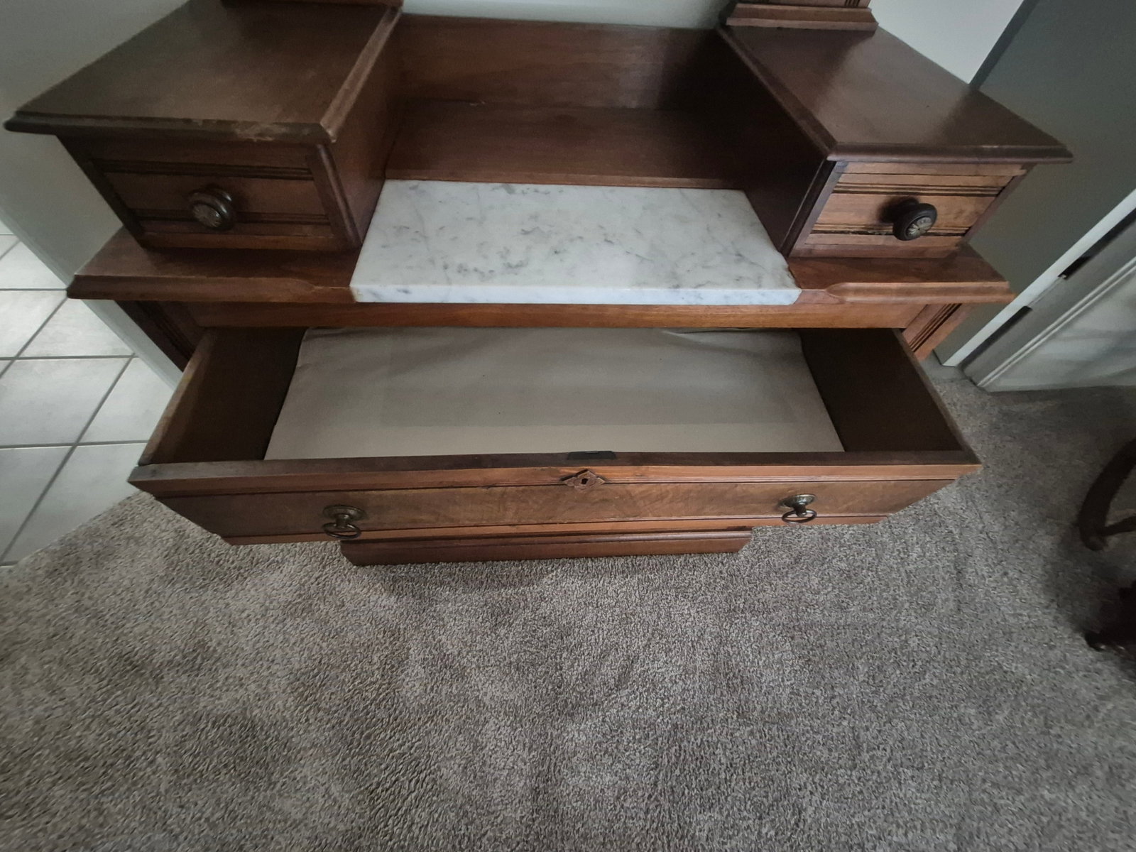 Antique Victorian Eastlake Marble Top Burled Dresser With Swivel Mirror - 5