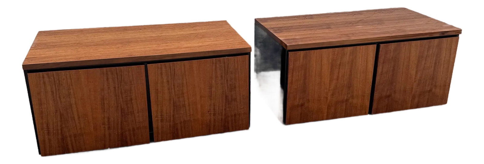 Vintage "Elan" Black Lacquered Koa Wood Cabinets by Henredon - A Pair: This exceptional pair of Henredon "Elan" cabinets embodies the sleek sophistication and innovative craftsmanship that defined luxury Postmodern furniture design. Expertly crafted with richly figured
