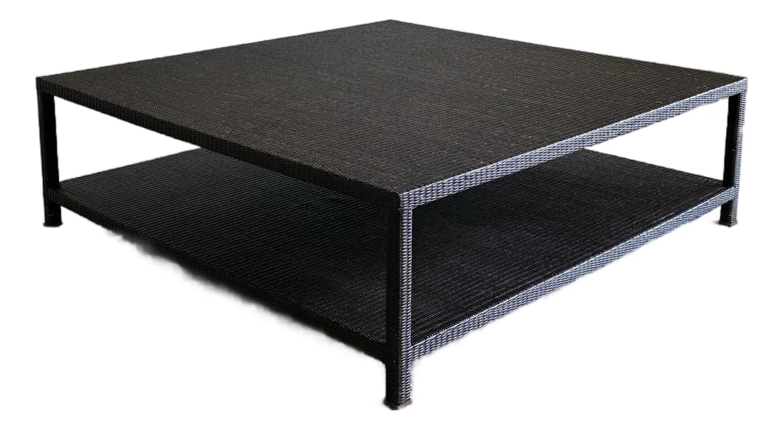 McGuire Woven Rattan Square Coffee Table: Sophisticated square coffee table McGuire featuring a richly textured woven rattan finish with clean modern lines and a generous lower shelf for additional display or storage. The minimalist architect