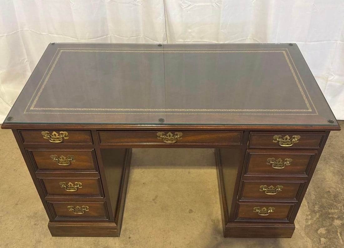Vintage Sligh Furniture Chippendale Mahogany and Tooled Leather Top Partners Desk With Glass - 11