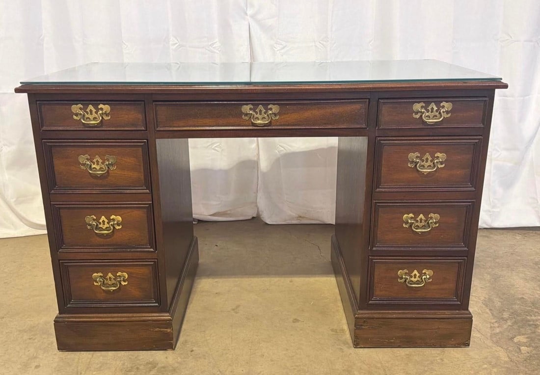 Vintage Sligh Furniture Chippendale Mahogany and Tooled Leather Top Partners Desk With Glass - 12