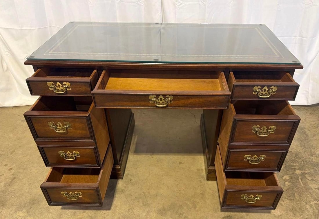 Vintage Sligh Furniture Chippendale Mahogany and Tooled Leather Top Partners Desk With Glass - 13
