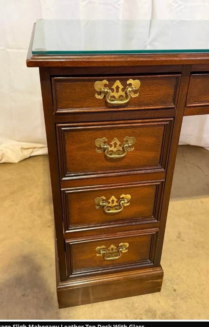Vintage Sligh Furniture Chippendale Mahogany and Tooled Leather Top Partners Desk With Glass - 2
