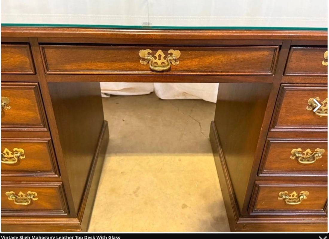 Vintage Sligh Furniture Chippendale Mahogany and Tooled Leather Top Partners Desk With Glass - 3