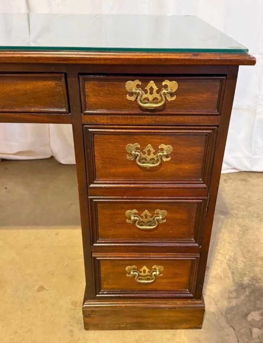Vintage Sligh Furniture Chippendale Mahogany and Tooled Leather Top Partners Desk With Glass - 4