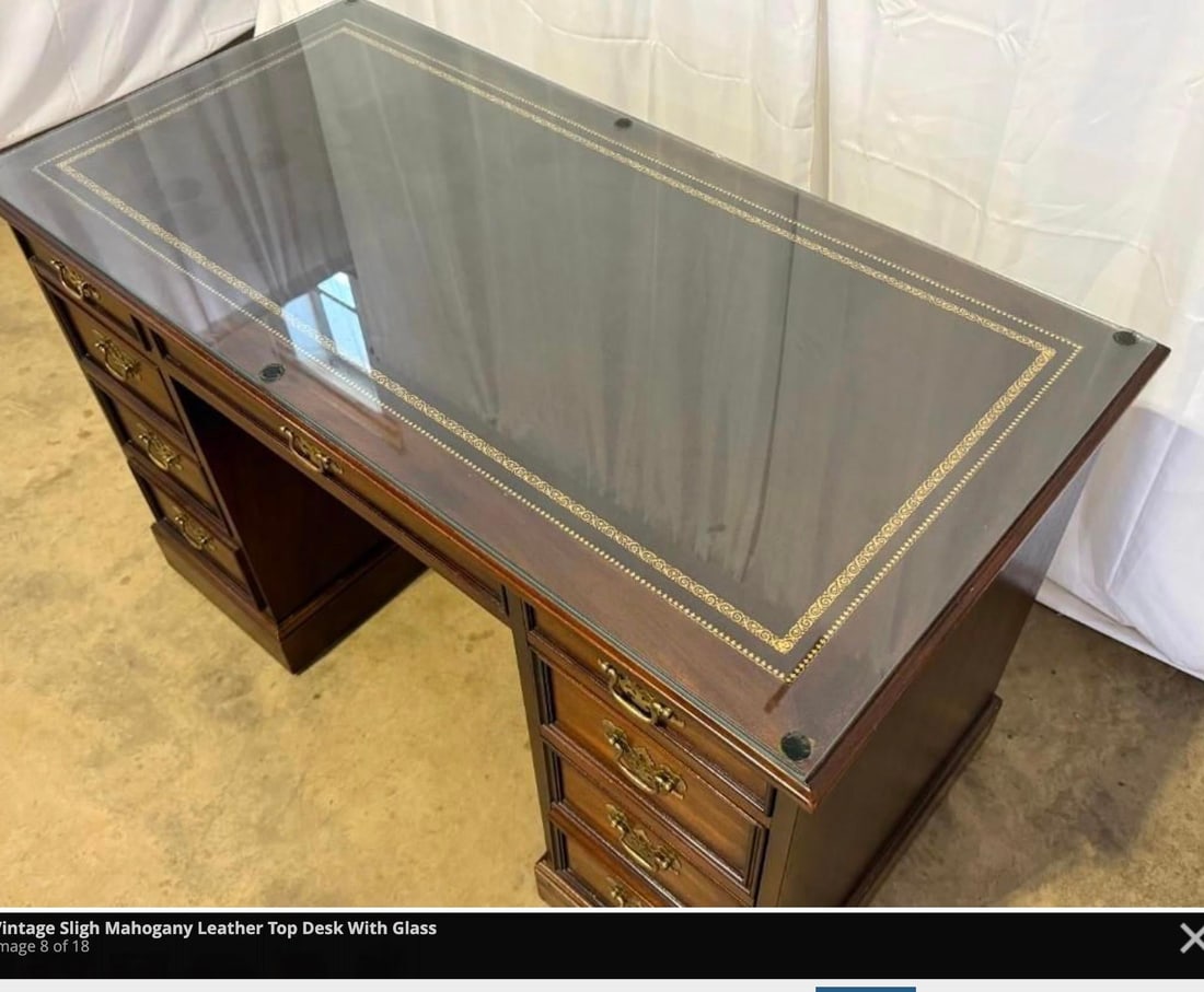 Vintage Sligh Furniture Chippendale Mahogany and Tooled Leather Top Partners Desk With Glass - 7