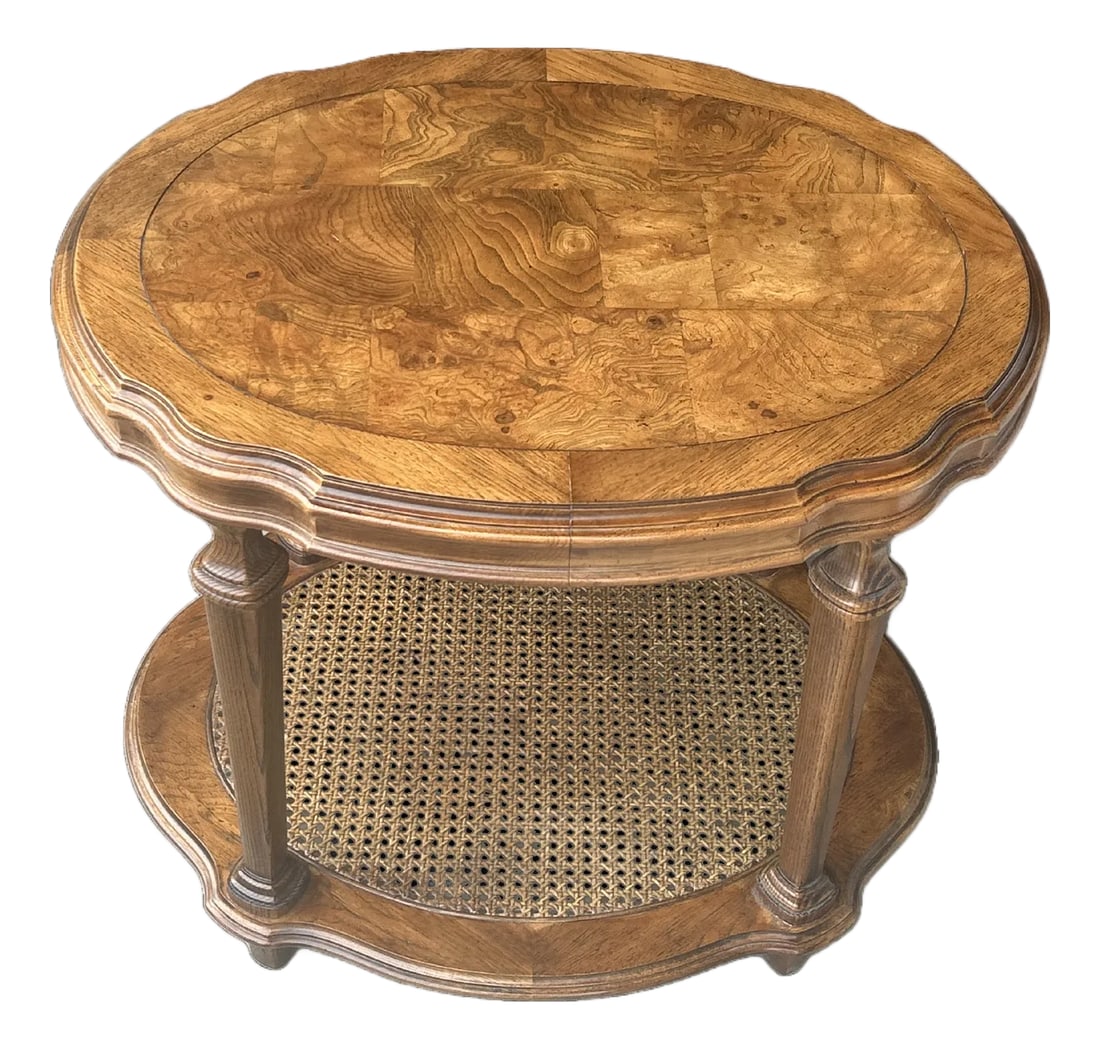 Vintage Ethan Allen Walnut Burl & Cane Oval Side Table - Two-Tier French Regency Accent With Marquet: Vintage Ethan Allen Walnut Burl & Cane Oval Side Table - Two-Tier French Regency Accent with Marquetry Top Description: Elevate your interior with this exquisite vintage Ethan Allen walnut burl oval