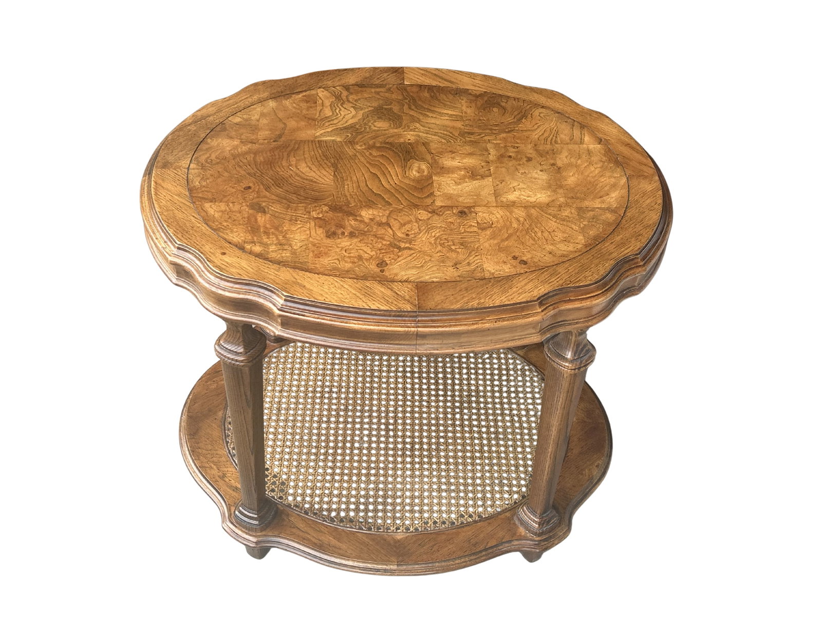 Vintage Ethan Allen Walnut Burl & Cane Oval Side Table - Two-Tier French Regency Accent With Marquet - 2