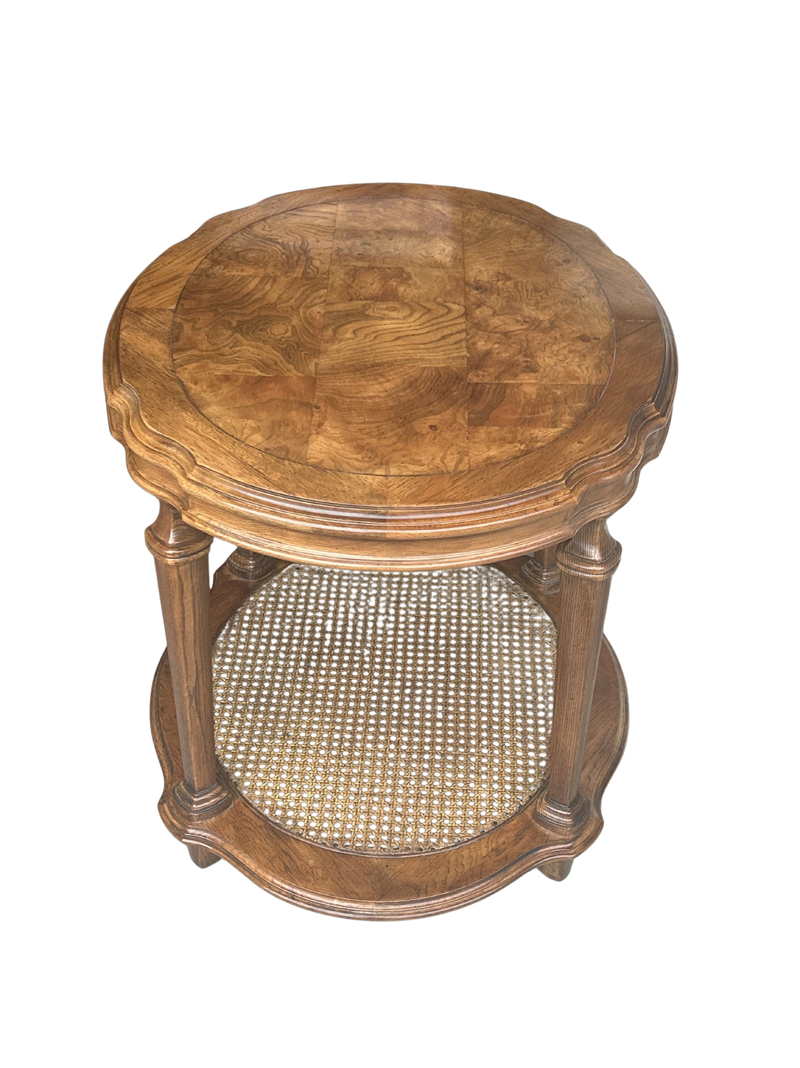 Vintage Ethan Allen Walnut Burl & Cane Oval Side Table - Two-Tier French Regency Accent With Marquet - 3