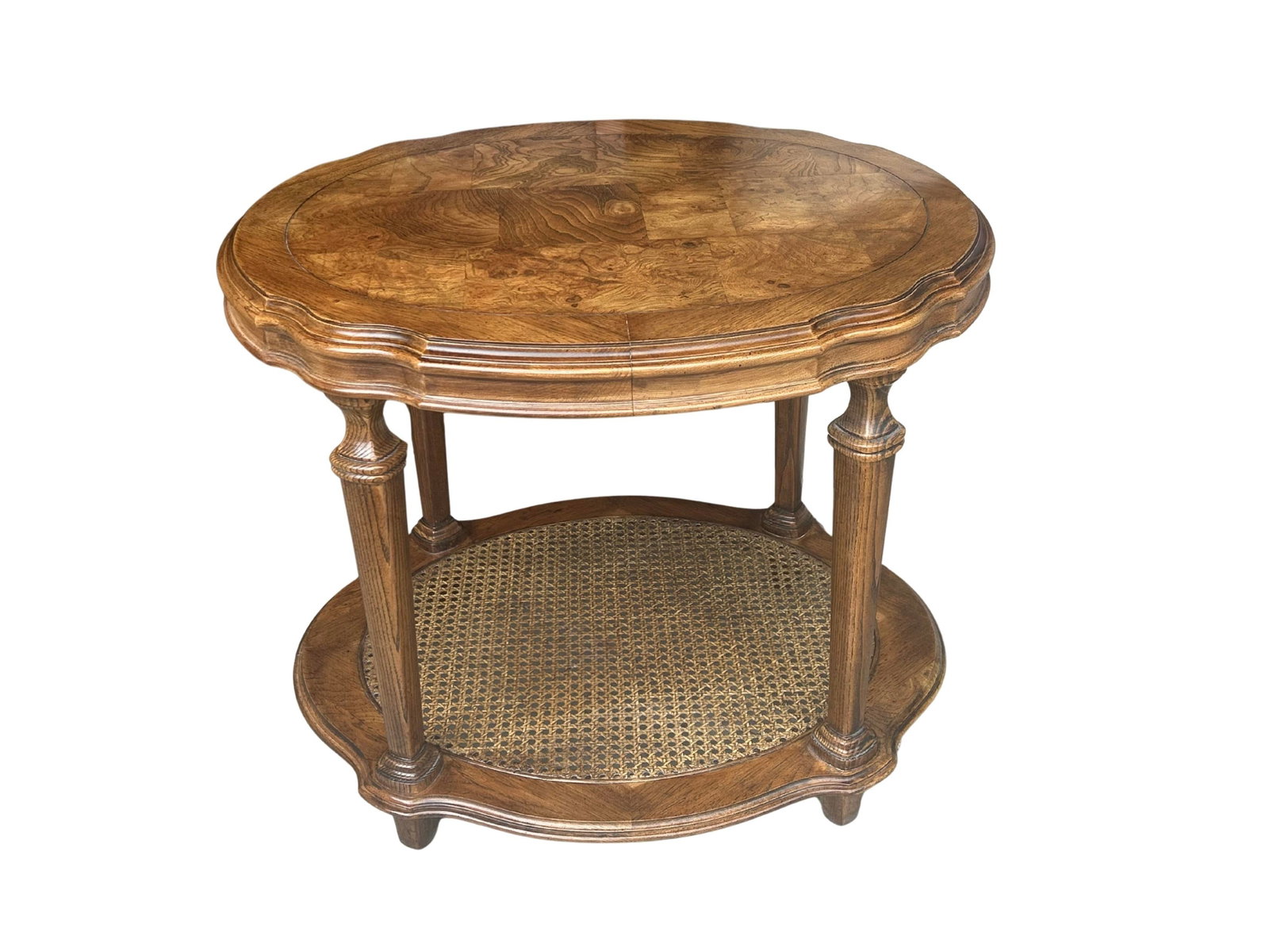 Vintage Ethan Allen Walnut Burl & Cane Oval Side Table - Two-Tier French Regency Accent With Marquet - 4