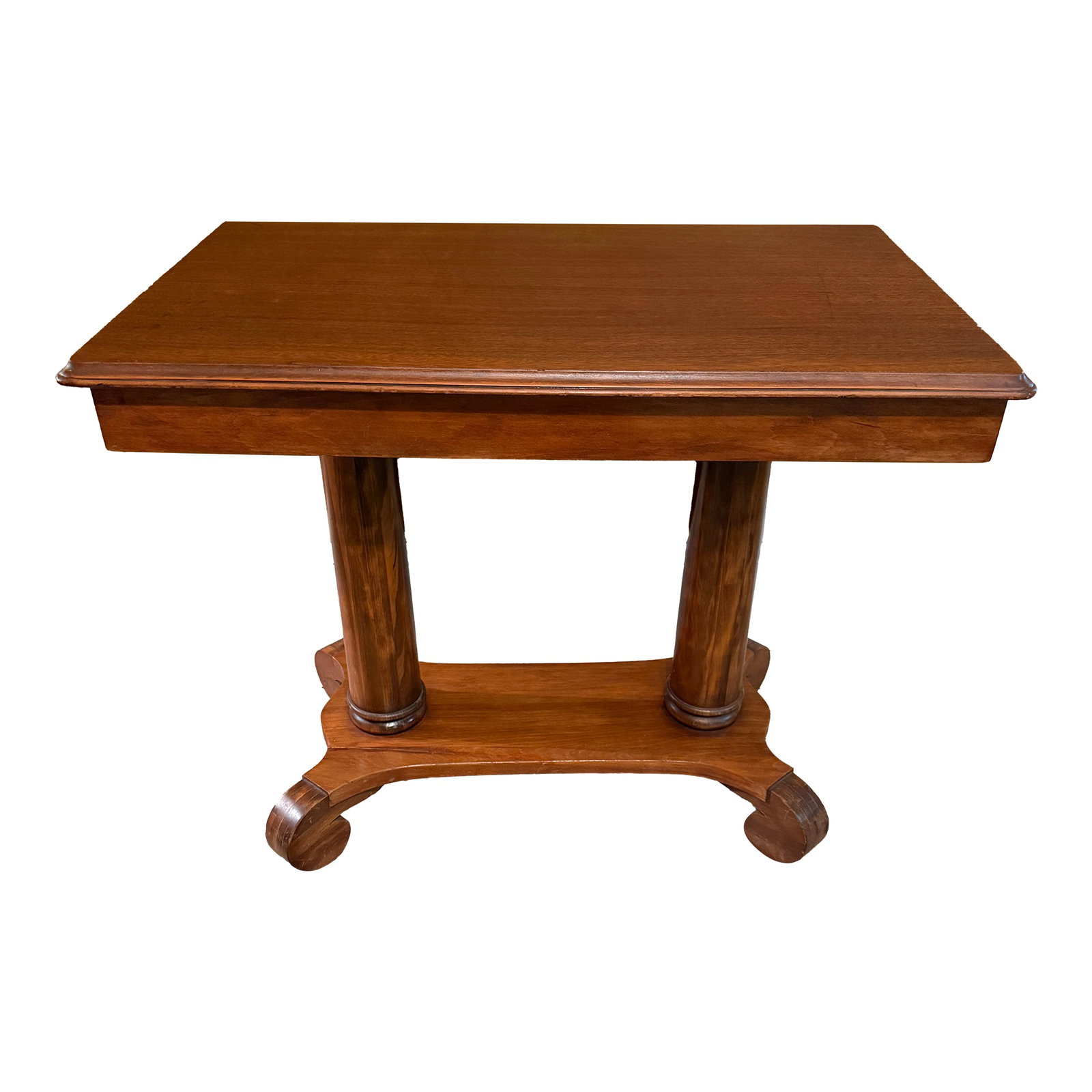 Antique 19th Century American Empire Walnut Library Table (36"): Add a sense of historic permanence to your home with this exceptional Antique American Empire library table crafted from solid walnut. Dating to the late 19th or early 20th century, this handsome piec