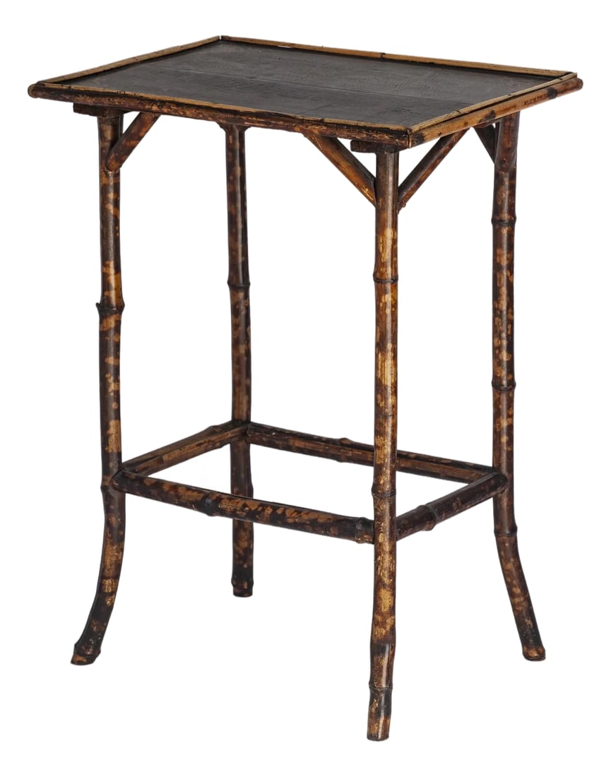 Vintage Petite Tortise Bamboo Side Table: A Charming Vintage Petite Tortise Bamboo Side Table. A Painted Top Surface with Design in the corners. Lightweight. Add instant Charm to any setting. Condition: Alterations: Original Design Modified