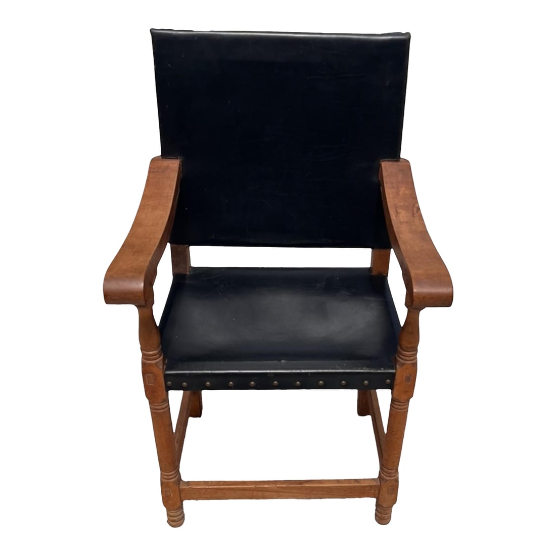 Antique Arts & Crafts Oak Library Armchair With Black Leather: A handsome early 20th century arts and crafts, mission style armchair, featuring a solid oak frame with exposed Mortis - and tenon joinery and classic craftsmanship detailing. The chair retains its