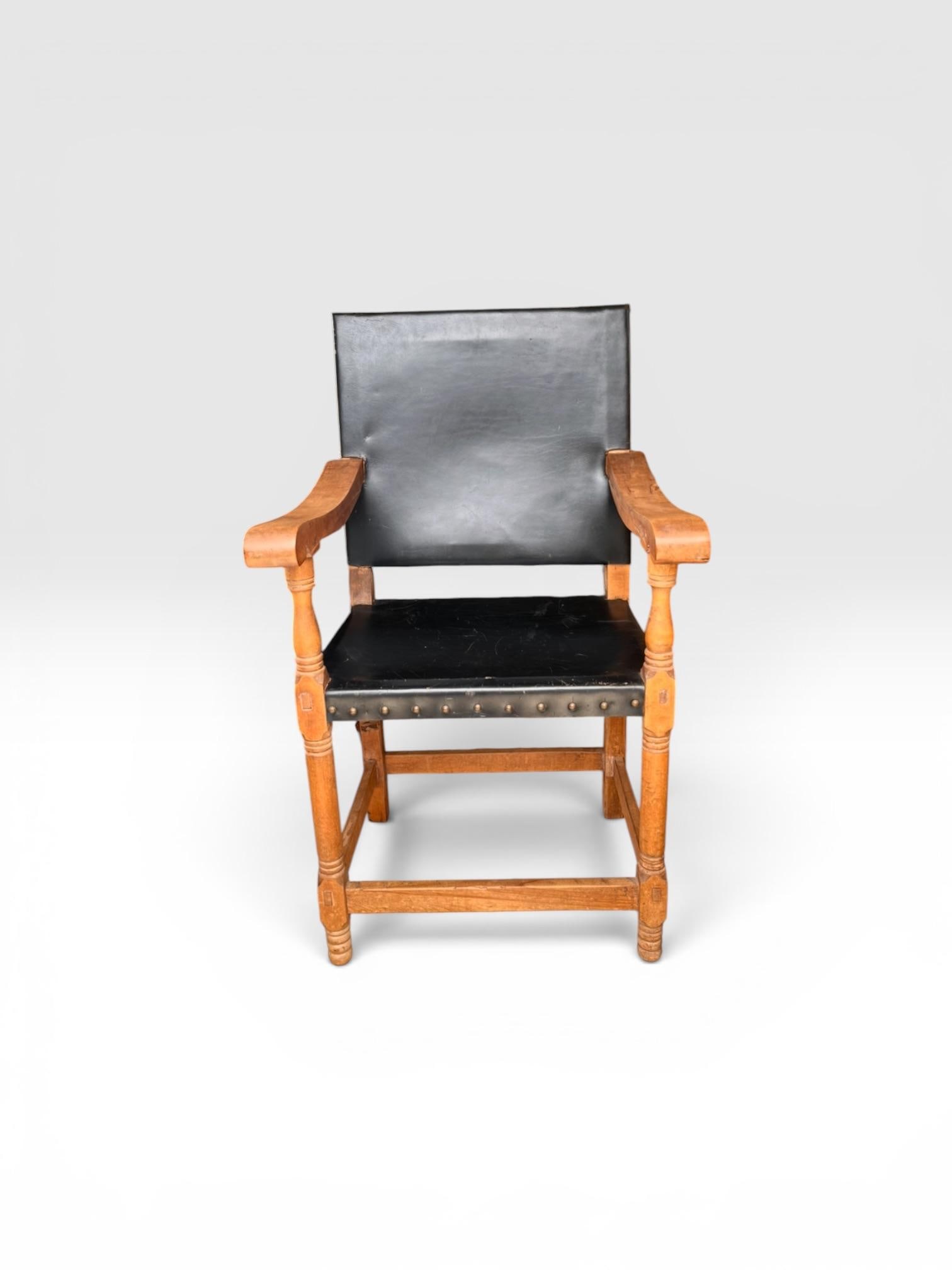 Antique Arts & Crafts Oak Library Armchair With Black Leather - 2