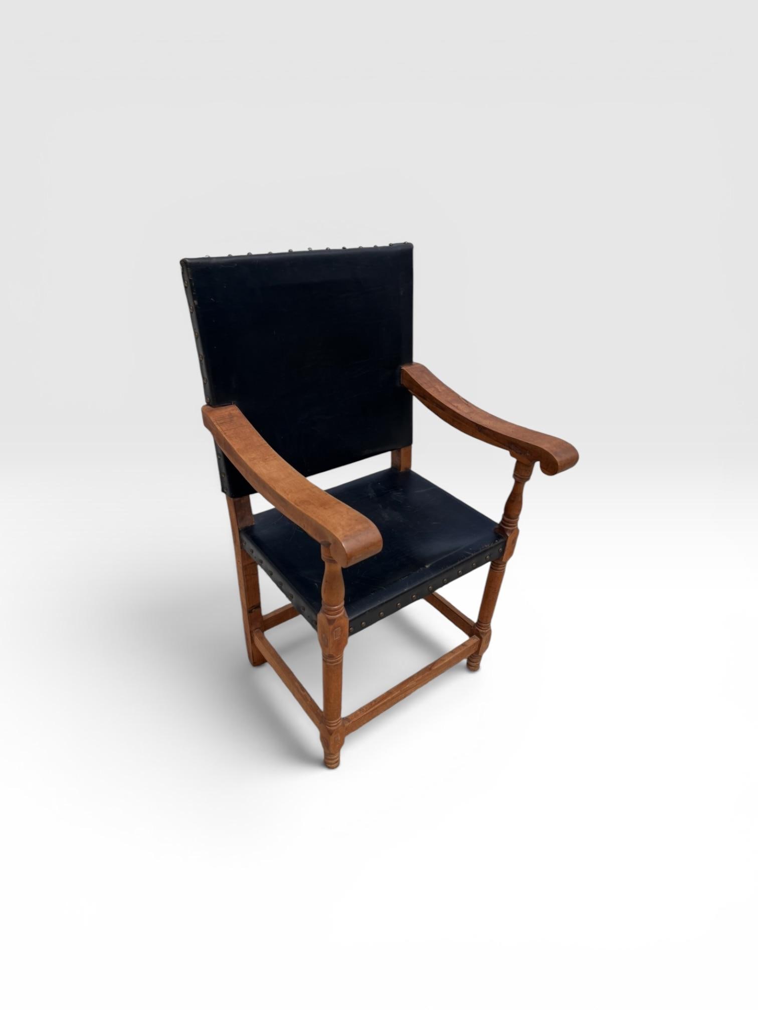Antique Arts & Crafts Oak Library Armchair With Black Leather - 3