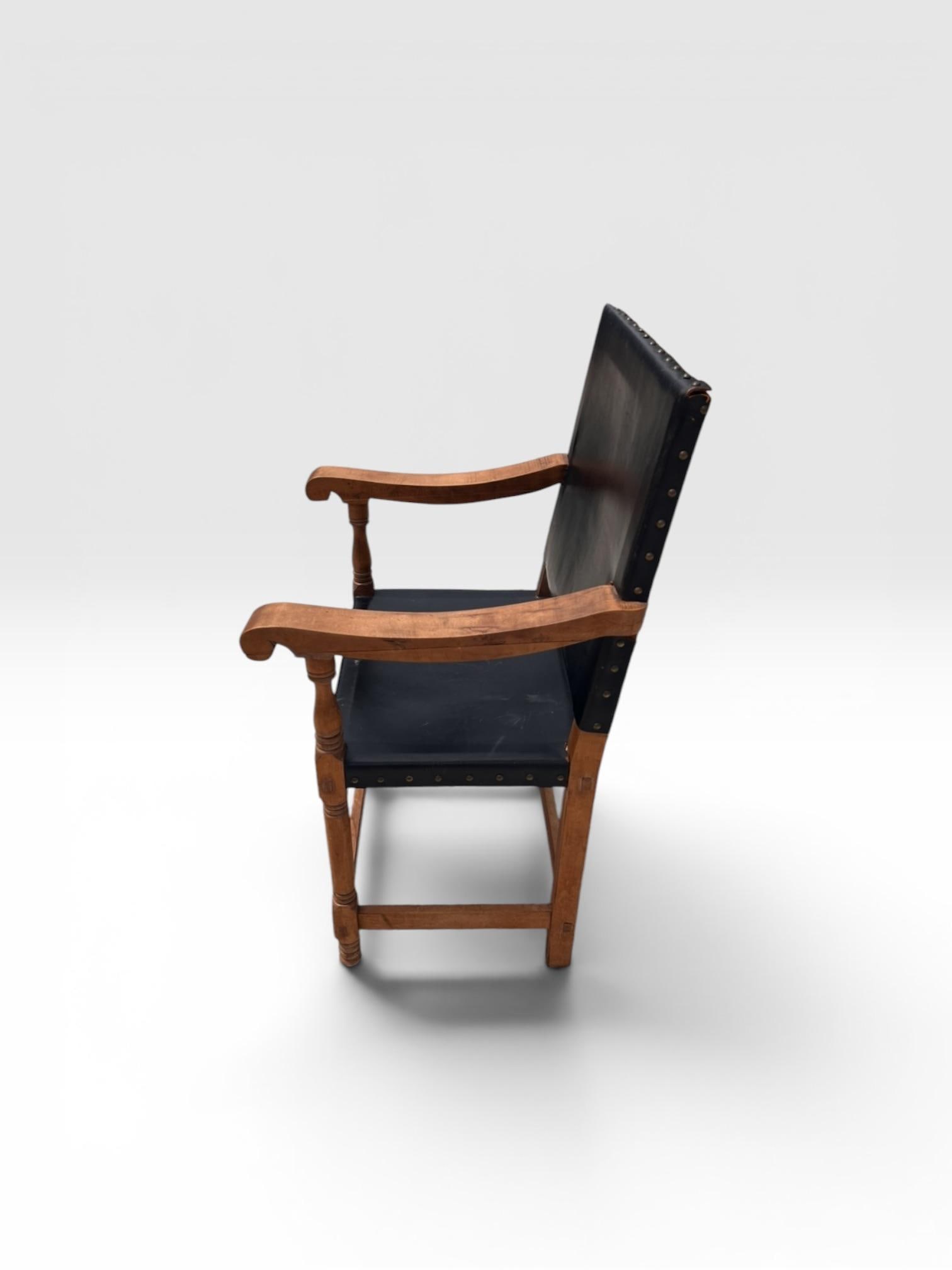 Antique Arts & Crafts Oak Library Armchair With Black Leather - 4