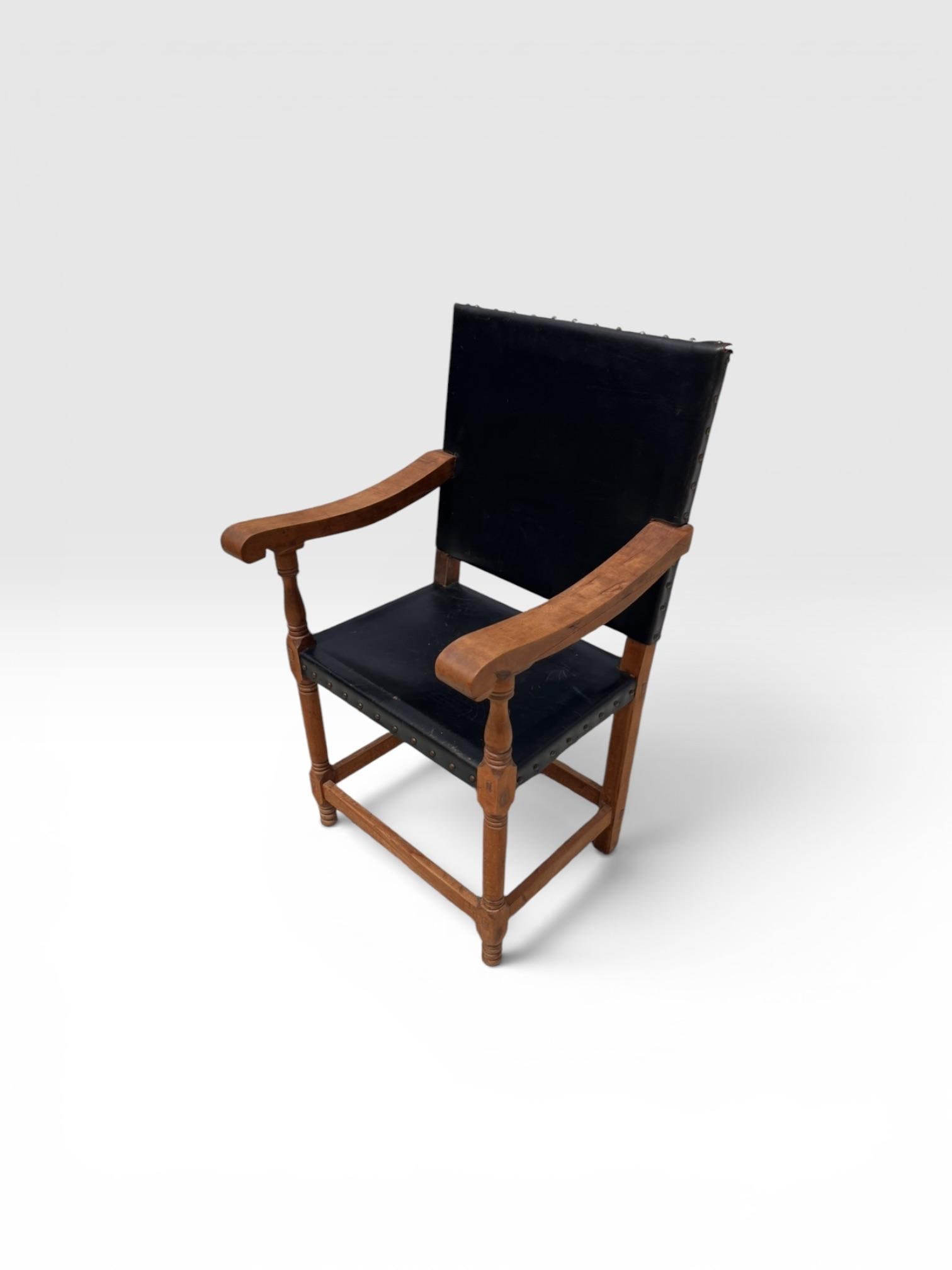 Antique Arts & Crafts Oak Library Armchair With Black Leather - 5