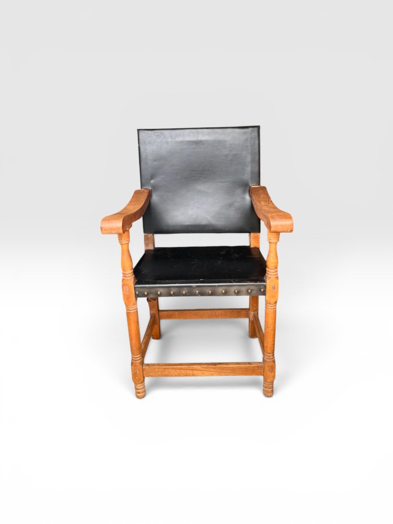 Antique Arts & Crafts Oak Library Armchair With Black Leather - 6