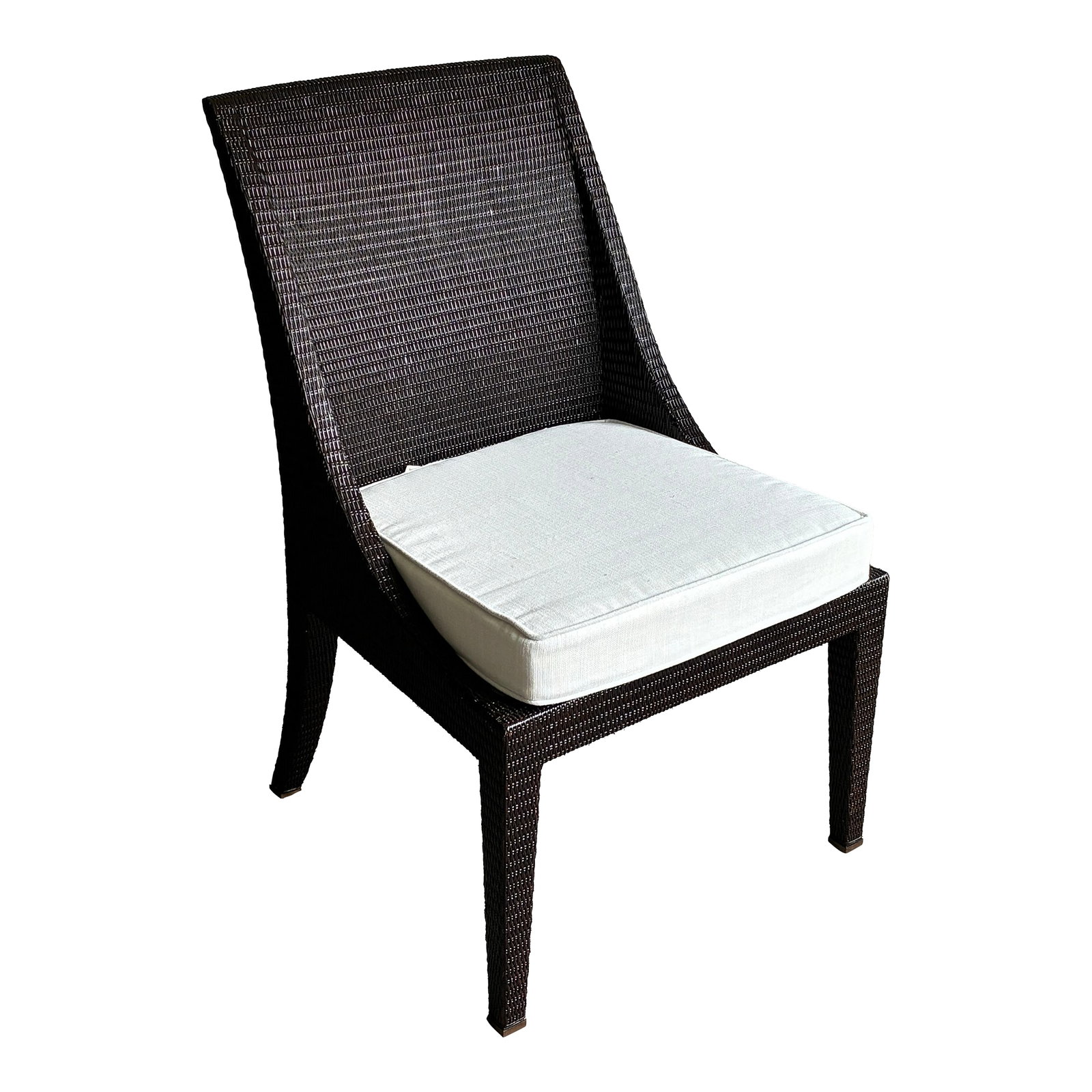 Late 20th Century McGuire Woven Rattan Side Dining Chair With Ivory Cushion: Elegant handcrafted woven rattan side chair by iconic luxury furniture maker McGuire San Francisco. This sculptural chair features McGuire's signature tightly woven rattan construction with a