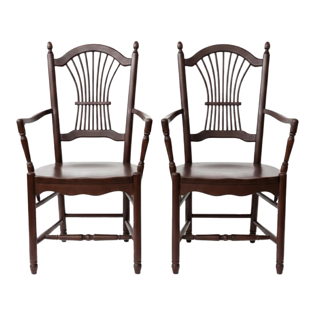 Pair of Tom Seely Solid Cherry Dining Armchairs: Pair of coordinating solid cherry dining armchairs by Tom Seely Furniture, reflecting the company's tradition of finely crafted American furniture inspired by historic designs. The chairs feature