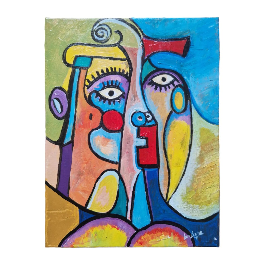 Mid-20th Century Bebela - Cubist Style Portrait, Oil on Canvas: Oil on canvas depicting a stylized portrait composed of abstracted facial elements and bold outlines. The composition uses bright, contrasting colors with segmented forms in a cubist-inspired manner.