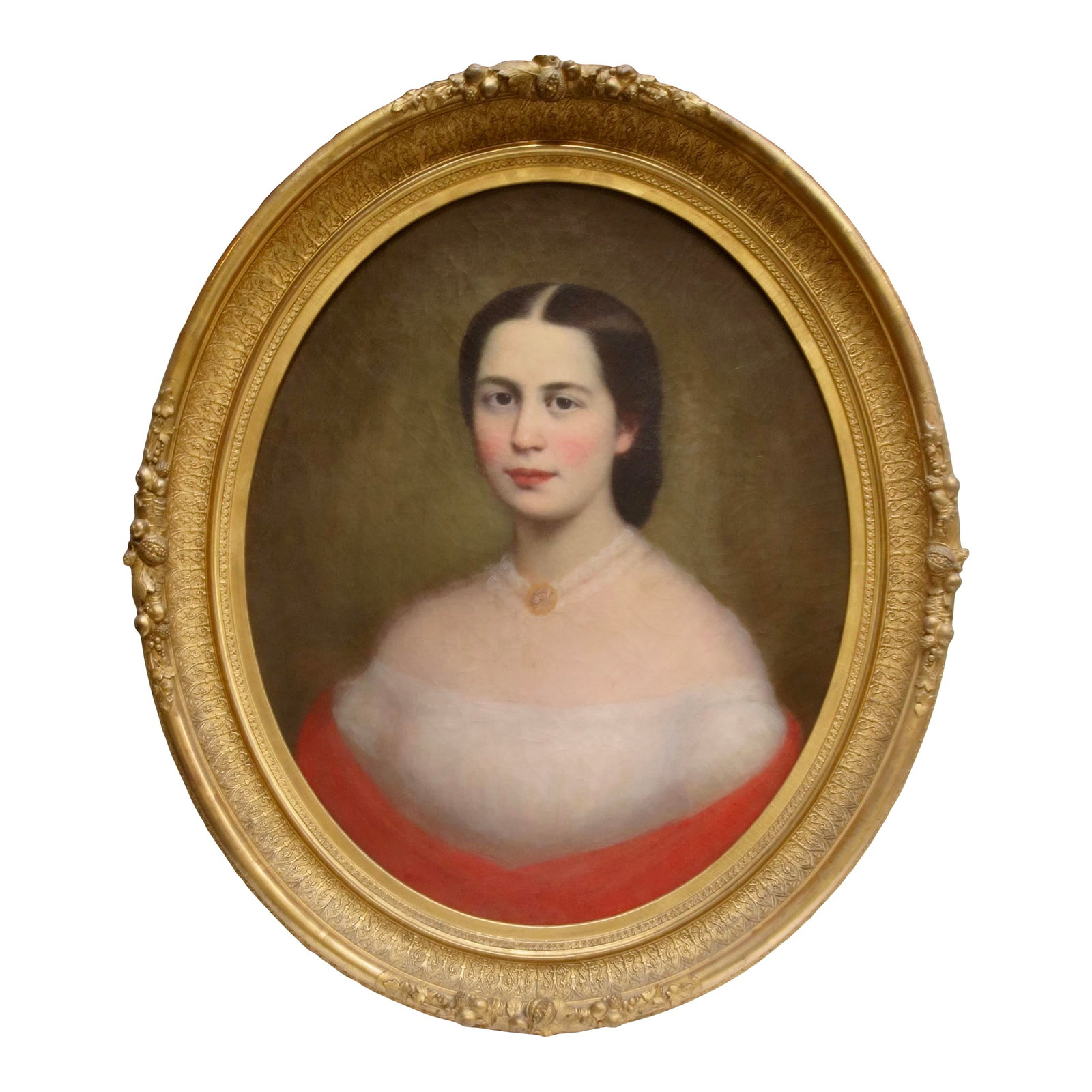 Mid-19th Century Ladies Portrait in Period Frame: Beautifully painted mid-19th-century portrait of a young lady in a soft period fashion. Calm and composed sitter with an off-the-shoulder dress and choker necklace. Delicate painting of a very pretty