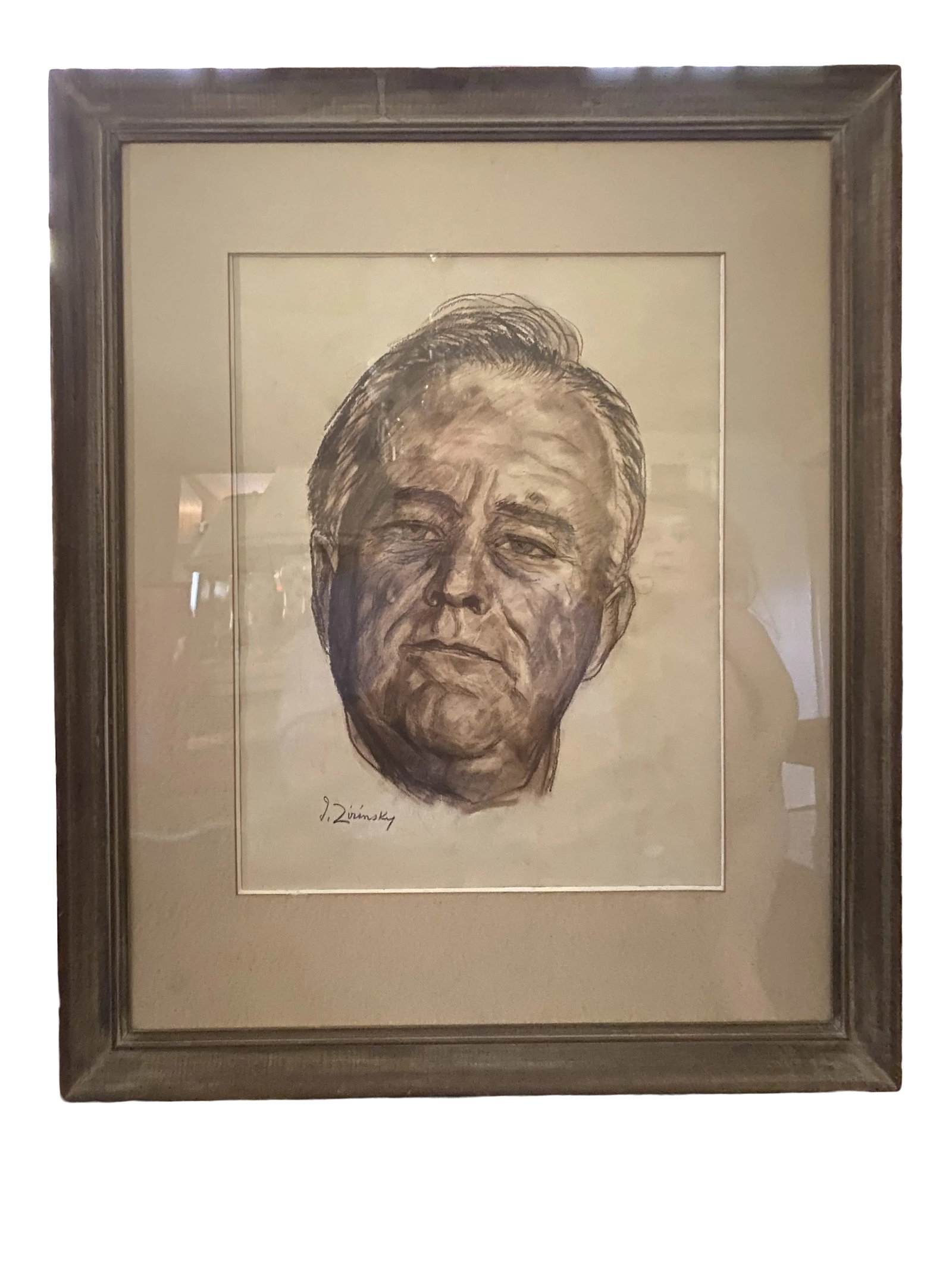 Mid 20th Century Portrait Chalk Drawing of Franklin Delano Roosevelt by Julius Zirinsky, Framed: Born in Latvia in 1898 and based in New York City (14, West 84th Street), where he died in 1970, artist and collector Julius Zirinsky was widely known for his brown-chalk-on-paper portraits of