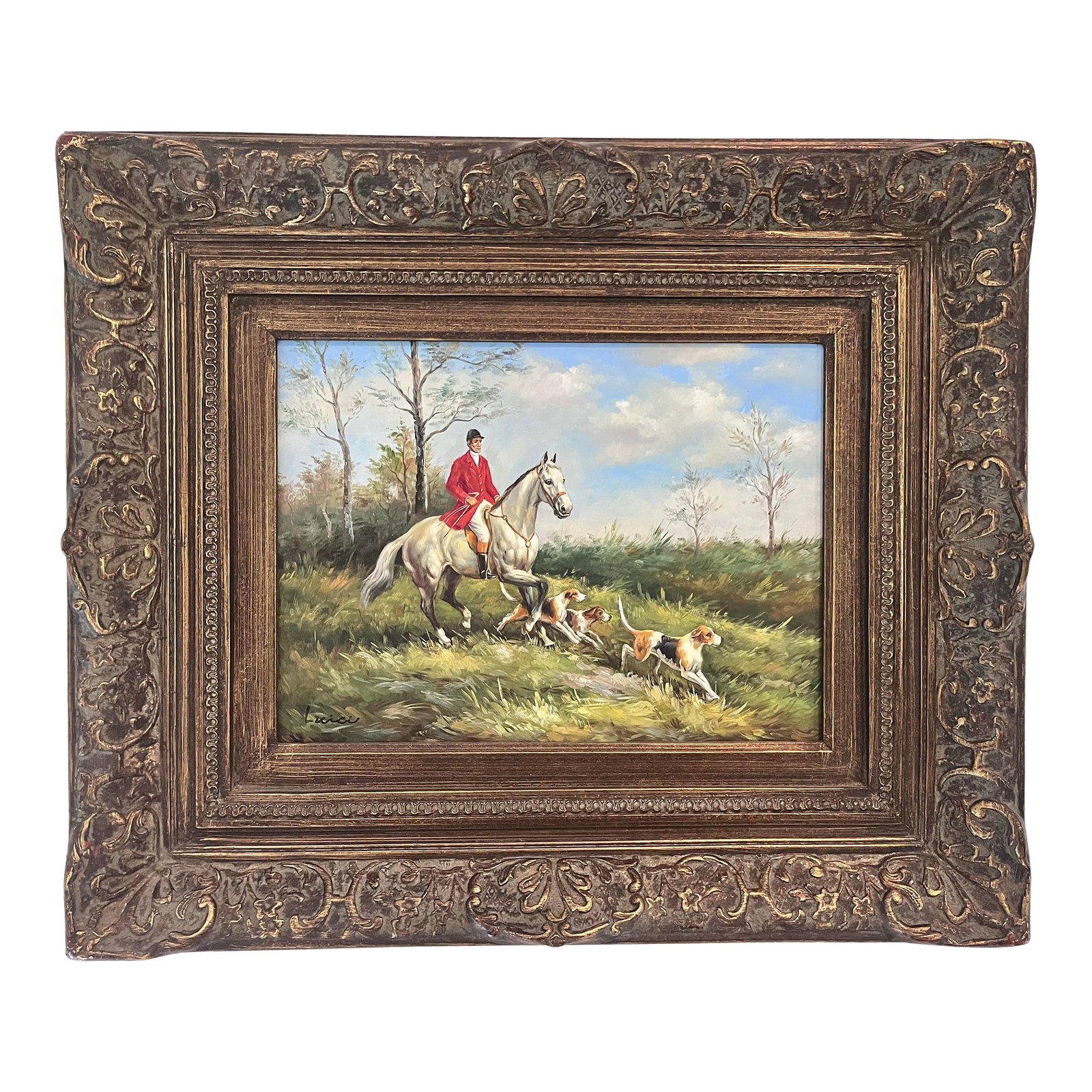 Vintage Fox Hunt Oil Painting Signed Luici in Ornate Carved Frame (1 of 8)