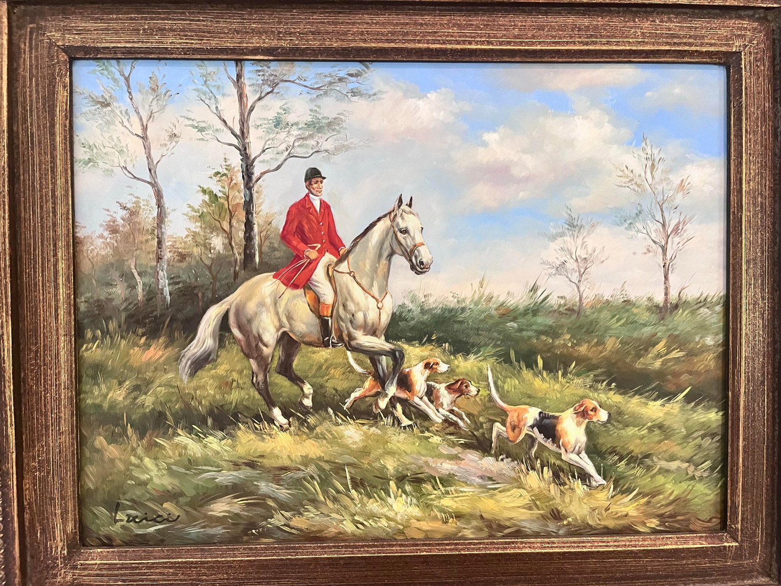 Vintage Fox Hunt Oil Painting Signed Luici in Ornate Carved Frame - 2