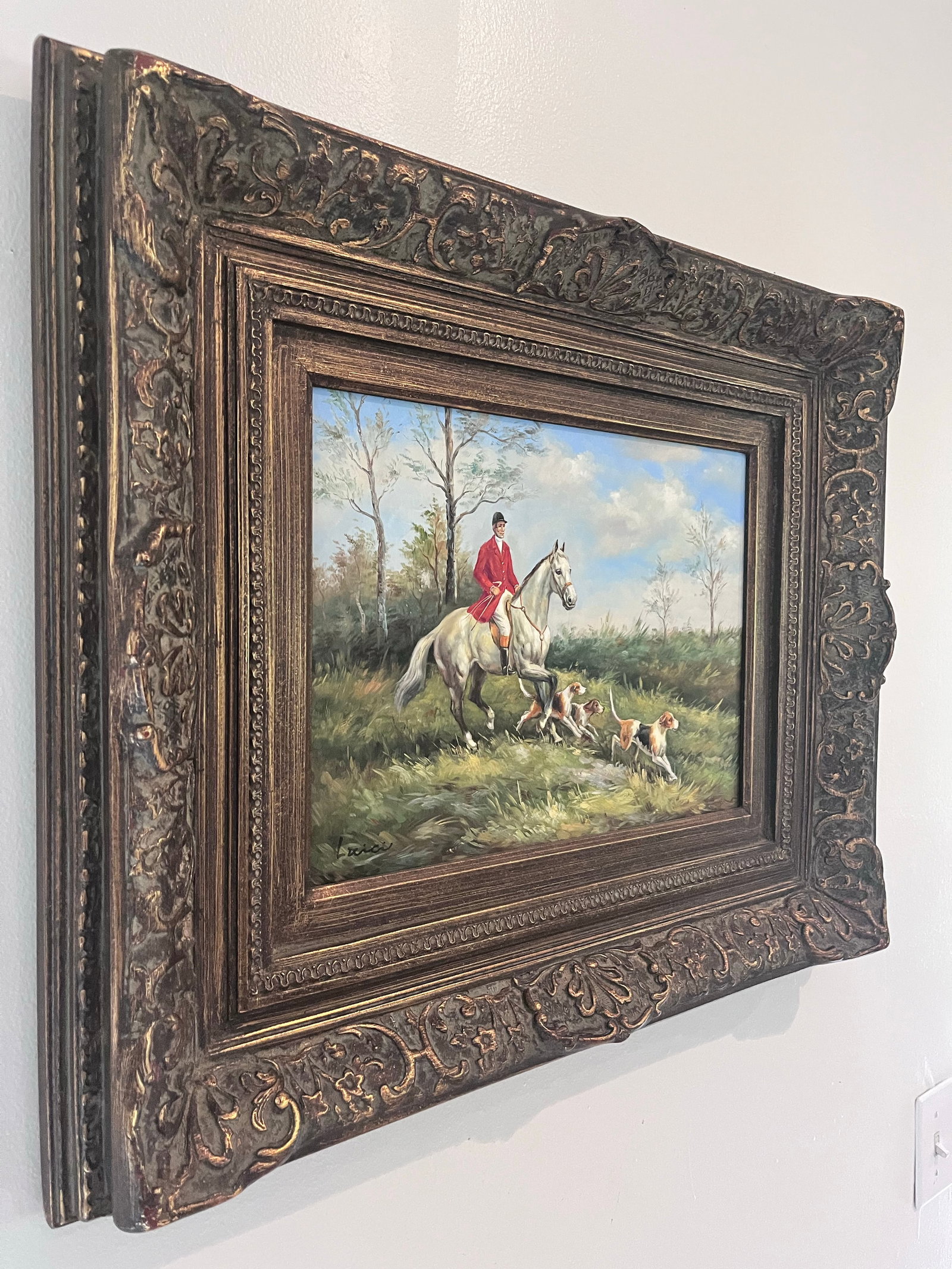 Vintage Fox Hunt Oil Painting Signed Luici in Ornate Carved Frame - 3