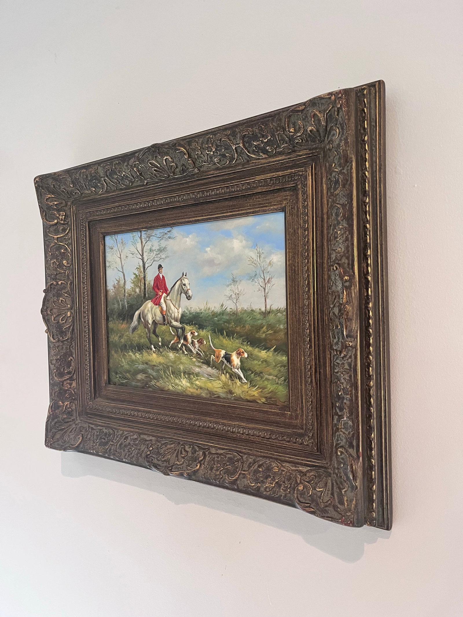Vintage Fox Hunt Oil Painting Signed Luici in Ornate Carved Frame - 4