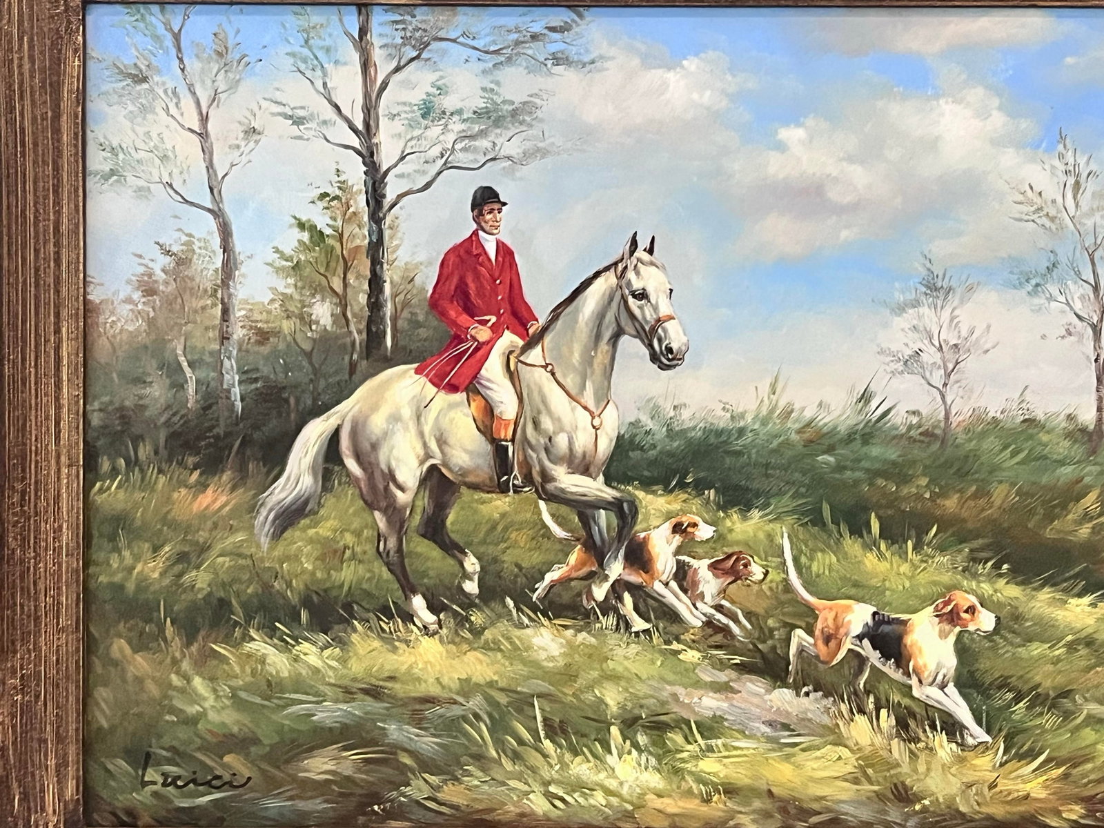 Vintage Fox Hunt Oil Painting Signed Luici in Ornate Carved Frame - 5