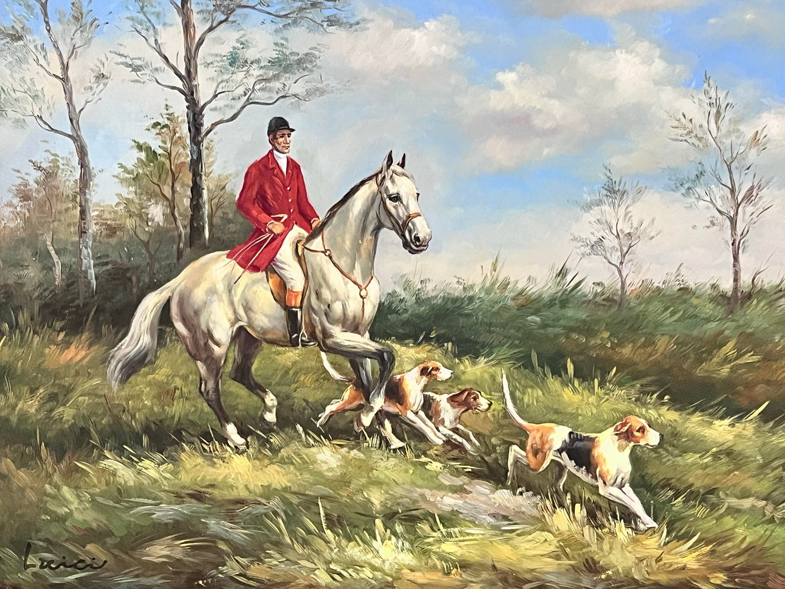 Vintage Fox Hunt Oil Painting Signed Luici in Ornate Carved Frame - 6