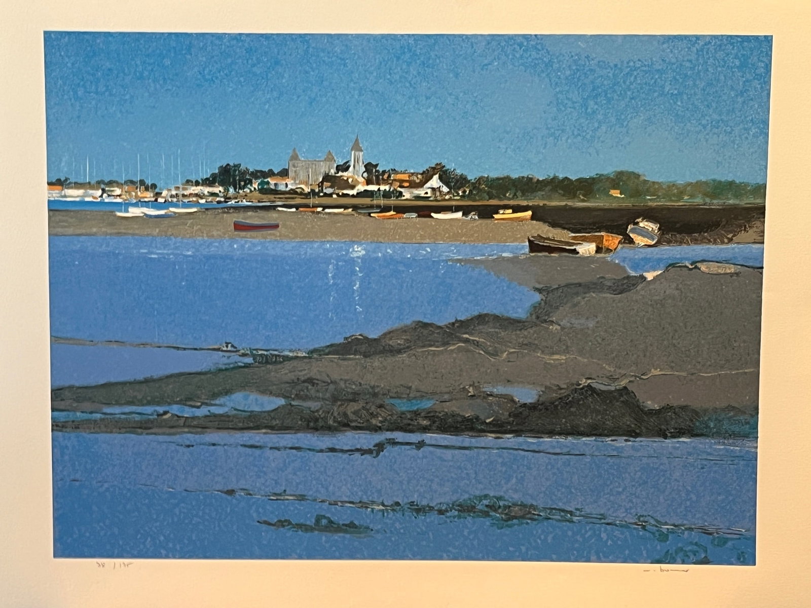 Late 20th Century Alain Bonnefoit Lithograph "Soleil Du Matin Sur Noirmoutier" Signed 78/175: This is a beautiful limited edition lithograph by the renowned French artist Alain Bonnefoit. Titled "Soleil du matin sur Noirmoutier" (Morning Sun over Noirmoutier), the piece captures a serene coast