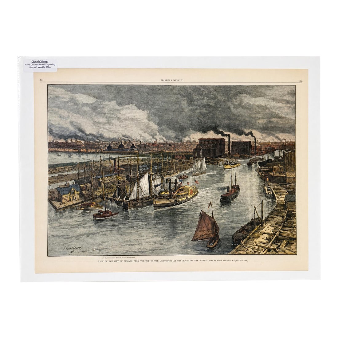 City of Chicago From Lighthouse Top on Lake Michigan, Original Print, 1884: Original hand-colored wood engraving, titled "View of the City of Chicago from the Top of the Lighthouse at the Mouth of the River," was published in Harper's Weekly in 1884. Print depicts a bustling 
