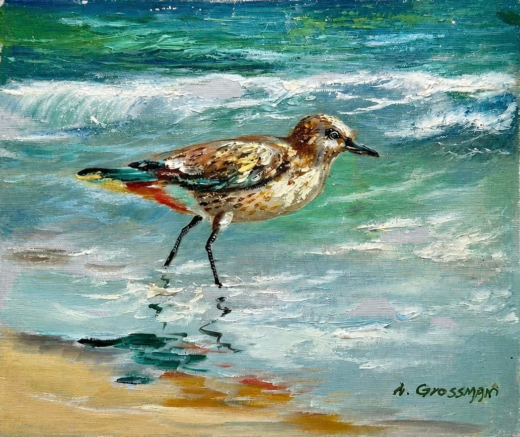 Coastal Sandpiper Oil Painting on Canvas by A. Grossman, 8 X 10": A charming original oil painting depicting a sandpiper wading along the surf line. Executed with expressive palette-knife and brushwork, the artist captures the movement of the ocean through layers of