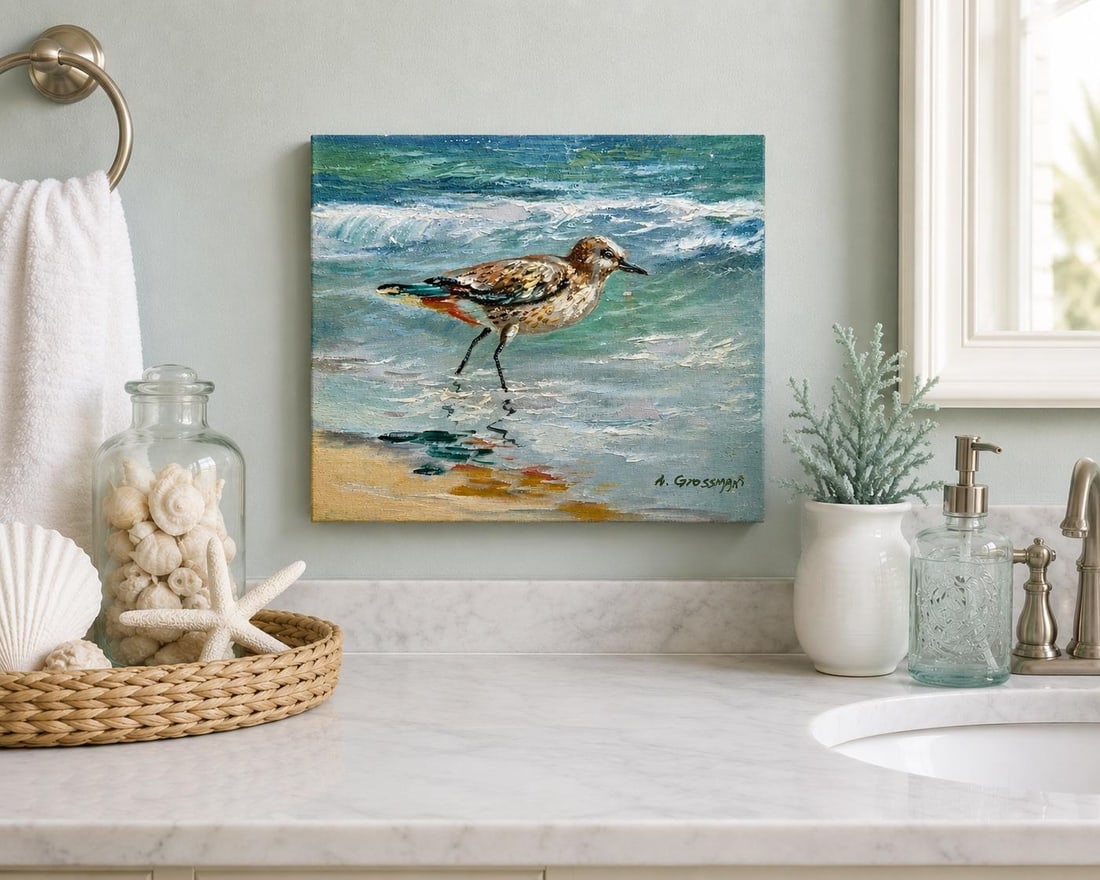 Coastal Sandpiper Oil Painting on Canvas by A. Grossman, 8 X 10" - 2