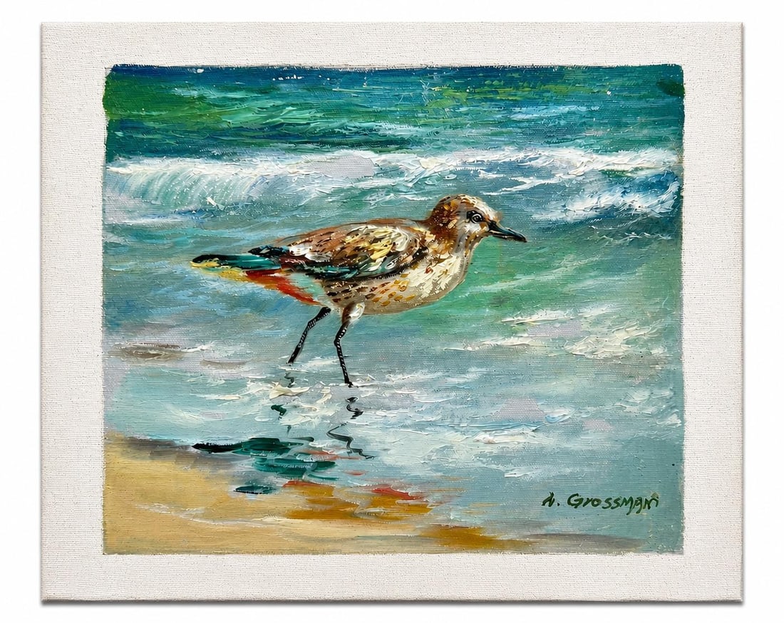 Coastal Sandpiper Oil Painting on Canvas by A. Grossman, 8 X 10" - 3