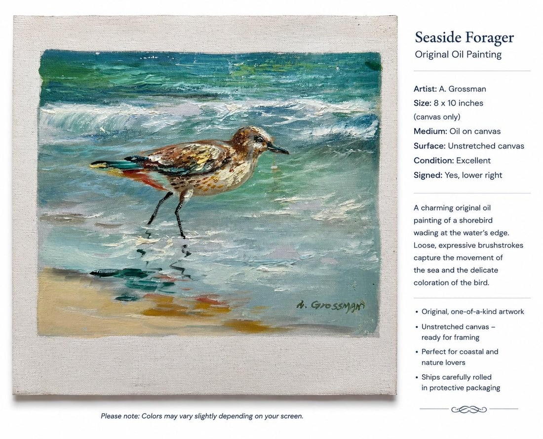 Coastal Sandpiper Oil Painting on Canvas by A. Grossman, 8 X 10" - 4