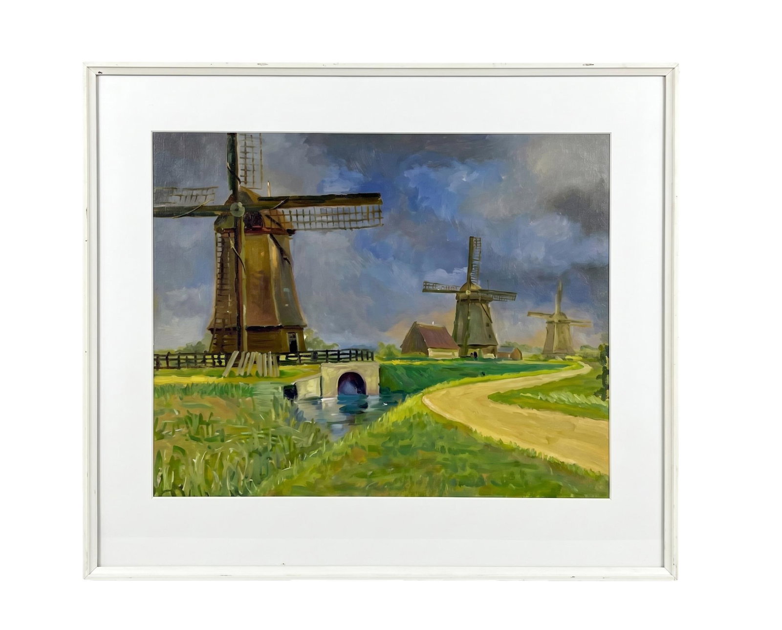 "Windmills" Vintage Oil Pastel, Framed: This beautiful and serene original oil pastel depicts a Dutch landscape of windmills. Unknown artist. Good condition. White wooden frame, white matte and glass. Classic Dutch countryside. Condition: